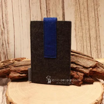 Handytasche Filz dunkelgrau blau Hirsch-Kopf Tracht - handytasche filz handmade genaeht dunkelgrau blau tracht hirsch