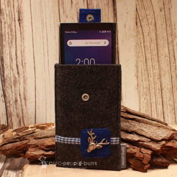 Handytasche Filz dunkelgrau blau Hirsch-Kopf Tracht