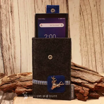 Handytasche Filz dunkelgrau blau Hirsch-Kopf Tracht - handytasche filz handmade genaeht dunkelgrau blau tracht hirsch