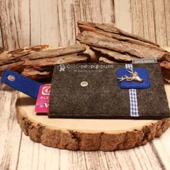 Handytasche Filz dunkelgrau blau Hirsch-Kopf Tracht - handytasche filz handmade genaeht dunkelgrau blau tracht hirsch