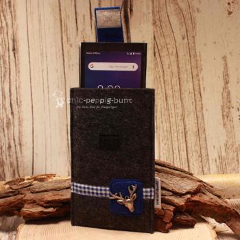 Handytasche Filz dunkelgrau blau Hirsch-Kopf Tracht Klettverschluss