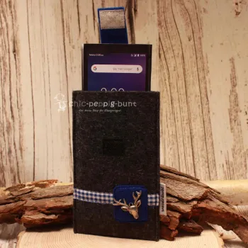 Handytasche Filz dunkelgrau blau Hirsch-Kopf Tracht Klettverschluss - handytasche filz handmade genaeht dunkelgrau blau tracht hirsch klettverschluss