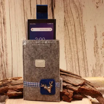 Handytasche Filz hellgrau blau Hirsch-Kopf Tracht Klettverschluss - handytasche filz handmade genaeht hellgrau blau tracht hirsch