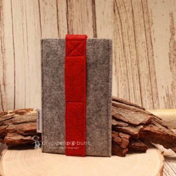 Handytasche Filz hellgrau rot Herz Tracht Klettverschluss