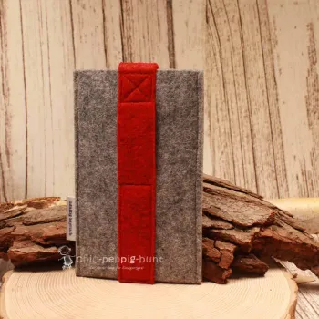 Handytasche Filz hellgrau rot Herz Tracht Klettverschluss - handytasche filz handmade genaeht hellgrau rot tracht herz