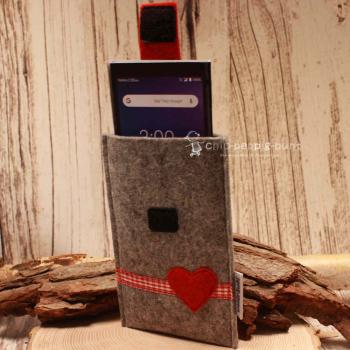 Handytasche Filz hellgrau rot Herz Tracht Klettverschluss