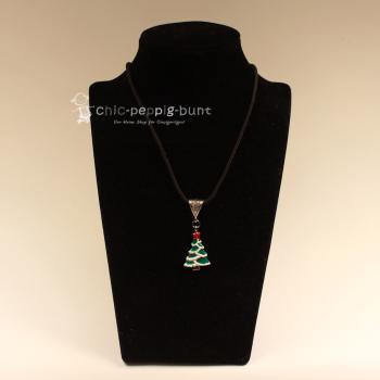 Halskette schwarz mit Weihnachtsbaum emailiert grün weiss