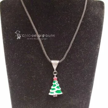Halskette schwarz mit Weihnachtsbaum emailiert grün weiss - kette weihnachten baum segelseil
