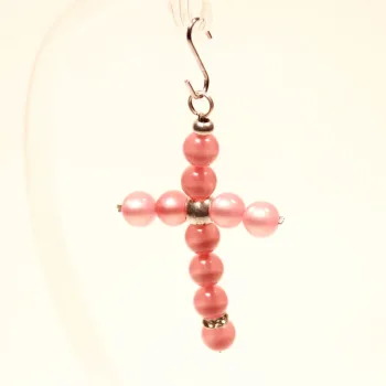 Kreuz Kettenanhänger Rosa – Perlmutt Polaris Unikat - kettenanhänger gross kreuz perlen handmade metall versilbert polaris rosa glänzend