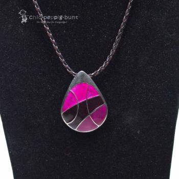 Kettenanhänger Porzellan-Tropfen – Pink & Brombeere versilbert