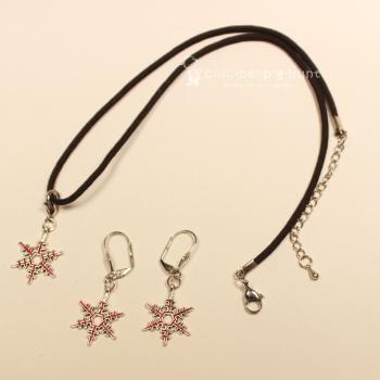 Schmuck Set Halskette Ohrringe Schneeflocke rot emailliert versilbert Segelseil Modeschmuck handmade chic-peppig-bunt