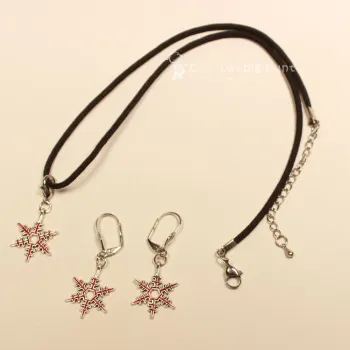 Schmuck Set Halskette Ohrringe Schneeflocke rot emailliert versilbert Segelseil Modeschmuck handmade chic-peppig-bunt