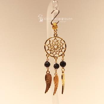 Kettenanhänger Traumfänger rund vergoldet Flügel Perle Strass schwarz