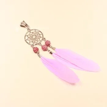 Kettenanhänger Traumfänger rund Feder Metall versilbert Strass Perle - kettenanhaenger traumfaenger metall versilbert strass perlen federn rosa