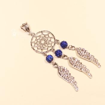 Kettenanhänger Traumfänger rund Feder Metall versilbert Strass Perle blau