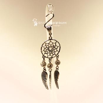 Kettenanhänger Traumfänger rund Feder Metall versilbert Strass Perle weiss