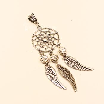Kettenanhänger Traumfänger rund Feder Metall versilbert Strass Perle weiss