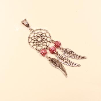 Kettenanhänger Traumfänger rund Feder Metall versilbert Strass Perle rosa