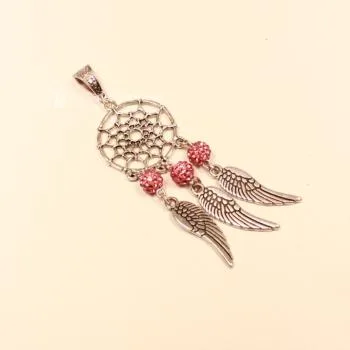Kettenanhänger Traumfänger rund Feder Metall versilbert Strass Perle rosa - kettenanhaenger traumfaenger metall versilbert strass perlen fluegel rosa