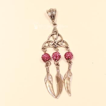 Kettenanhänger Traumfänger Feder Metall versilbert Strass Perle dunkelrosa