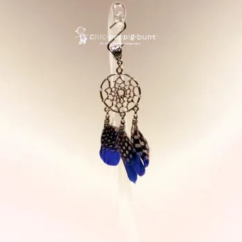 Kettenanhänger Traumfänger rund Feder punkte dots blau - kettenanhaenger traumfaenger rund metall versilbert federn punkte dots blau