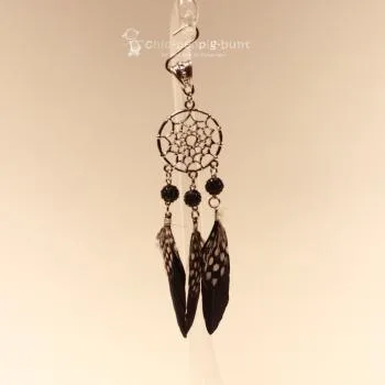 Kettenanhänger Traumfänger rund Feder punkte dots schwarz - Strassperle - kettenanhaenger traumfaenger rund metall versilbert federn punkte dots schwarz