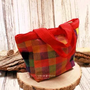 Kindertasche rot mit buntem Stoffkaro - kindertasche handtasche karo rot lunch bag stoff