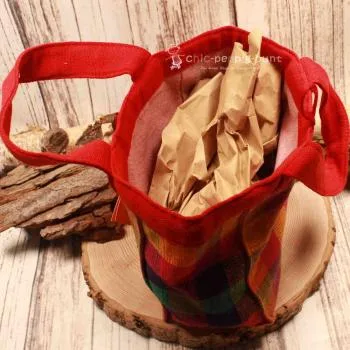 Kindertasche rot mit buntem Stoffkaro - kindertasche handtasche karo rot lunch bag stoff