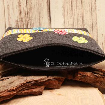 Stabiler Reißverschluss der Utensilientasche aus Filz mit Blick auf die sauberen Nähte.