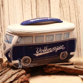 Blau-weißer VW Bus T1 Kulturbeutel aus Neopren mit Surfbrett-Tragegriff und Mini-Bus Reißverschlüssen.