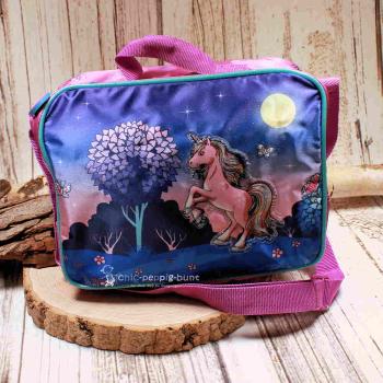 Lila-blaue Kindertasche mit Einhorn-Motiv und Thermo-Isolierung, Tragegriff und verstellbarem Schultergurt.