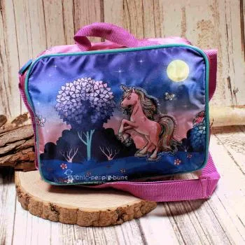 Lila-blaue Kindertasche mit Einhorn-Motiv und Thermo-Isolierung, Tragegriff und verstellbarem Schultergurt.