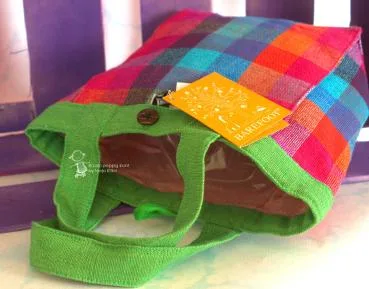 Kindertasche grün mit buntem Stoffkaro 1 Fach - lunchbag karo kinder gruen bunt