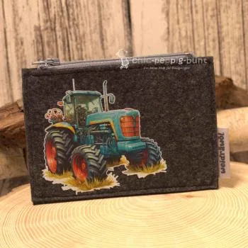 Mäppchen Filz mit Traktor grün Motiv dunkelgrau