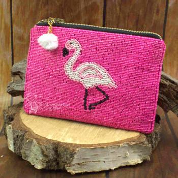 XL - Mäppchen mit Glitzerperlen bestickt - weisser Flamingo-Motiv - Pink