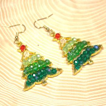 Ohrringe Weihnachten Mini-Perlen aufgefädelt als Zweig, vergoldeter Modeschmuck, handmade chic-peppig-bunt