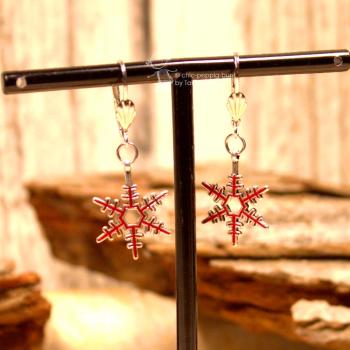 Ohrringe Weihnachten Schneeflocke versilbert rot, Modeschmuck mit Klappbrisur, handmade chic-peppig-bunt