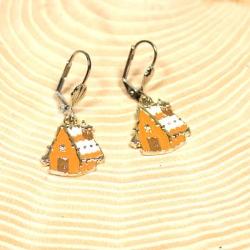 Ohrringe Weihnachten Lebkuchenhaus versilbert mit Klappbrisur, Modeschmuck handmade chic-peppig-bunt