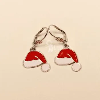 Ohrringe Weihnachtsschmuck Nikolaus Mütze versilbert emailliert rot-weiß mit Klappbrisur, handmade chic-peppig-bunt