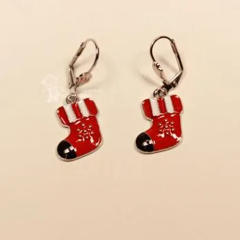 Ohrringe Weihnachtsschmuck Nikolaus Socke versilbert emailliert rot-weiß mit Klappbrisur, handmade chic-peppig-bunt