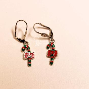 Ohrringe Modeschmuck Weihnachten Zuckerstange versilbert/emailliert grün-rot mit Klappbrisur, handmade chic-peppig-bunt