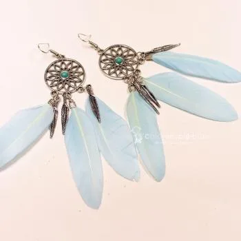Ohrringe Traumfänger rund Metall Federn hellblau - ohrringe traumfaenger metall federn hellblau modeschmuck