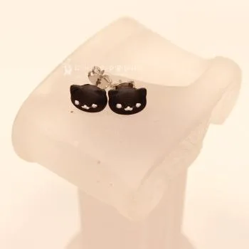 Kleine Katzen Ohrstecker Versilbert – Mini Katzenkopf Ohrringe Schwarz - ohrstecker ohrringe modeschmuck schwarz katze versilbert