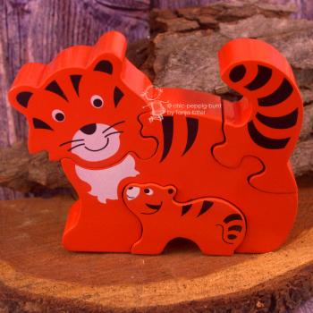 Holzpuzzle 3 D als Tiger mit Baby orange