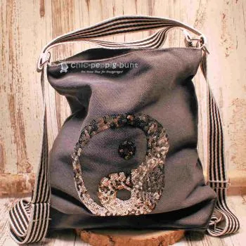 Rucksack oder Handtasche grau Pailletten Motiv Ying & Yang - rucksack stoff pailletten yin yang grau umhaengetasche