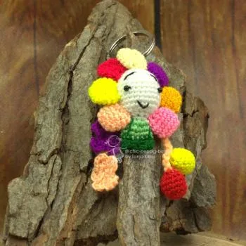 Schlüsselanhänger Blume - bunte Bommel - gehäkelt