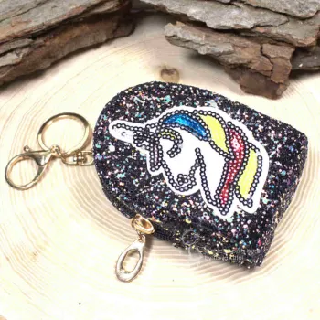 Glitzerndes Mäppchen Schlüsselanhänger Schwarz Einhorn Motiv Reissverschluss