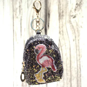 Schlüsselanhänger Utensilientasche Glitzer schwarz mit Motiv Flamingo, Maße 10x6x4 cm, seitliche Ansicht.