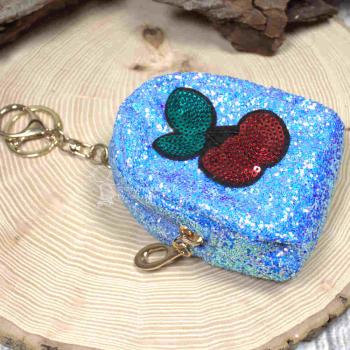 Glitzer Schlüsselanhänger Mäppchen Blau Motiv Kirschen 10x6x4 cm Utensilientasche Reißverschluss