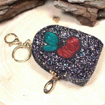 Glitzerndes Schlüsselanhänger Mäppchen Utensilientasche Motiv Kirschen schwarz
